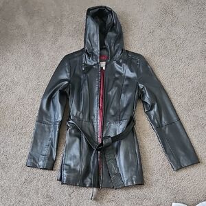 Croft & Barrow Black Leather Jacket with Hood and Belt